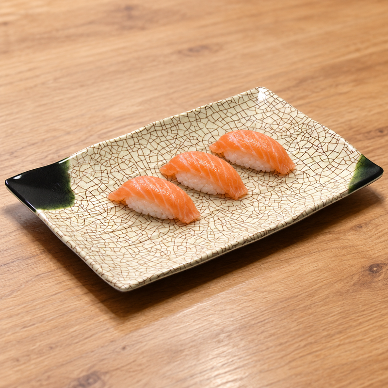 511-O Oribe melamine plate with three compact salmon nigiri