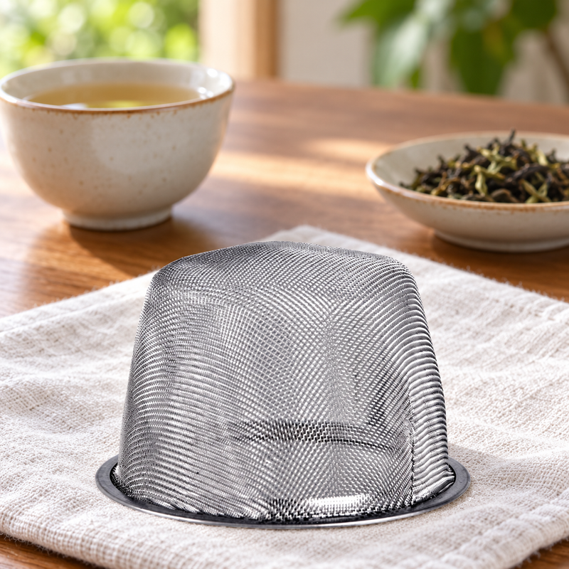 5490-75 inverted mesh basket beside a tea setting