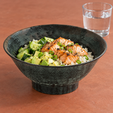 7½″ Black & Brown Tenmoku Melamine Noodle Bowl — 32 oz, Salmon rice service