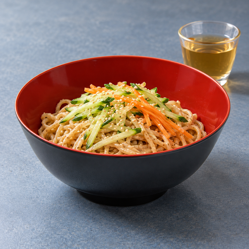 Black and red bowl filled with dressed noodles, cucumber, carrot and sesame seeds.