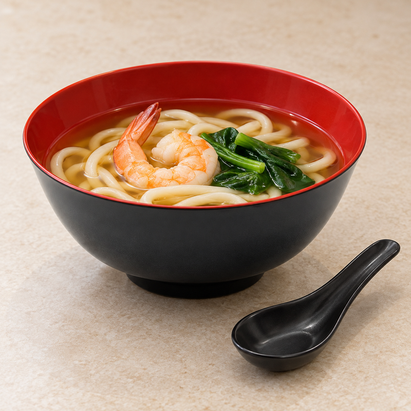 Black and red bowl holding udon with shrimp and greens.