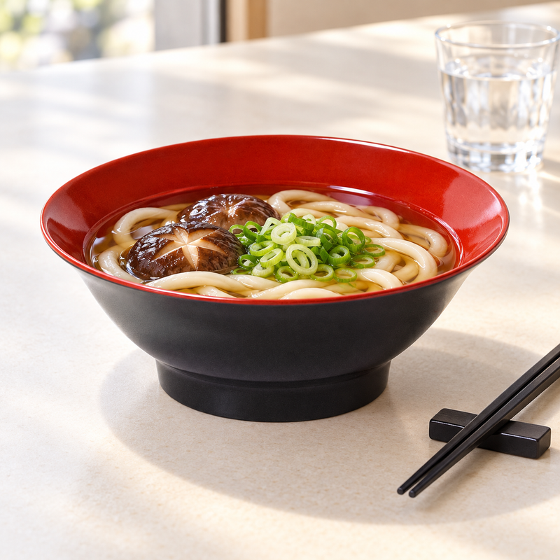 Black and red udon bowl with noodles, mushrooms and scallions in broth.