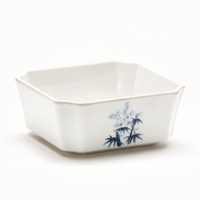 5⅜″ White & Blue Bamboo-Pattern Melamine Square Bowl, Angled blue bamboo bowl