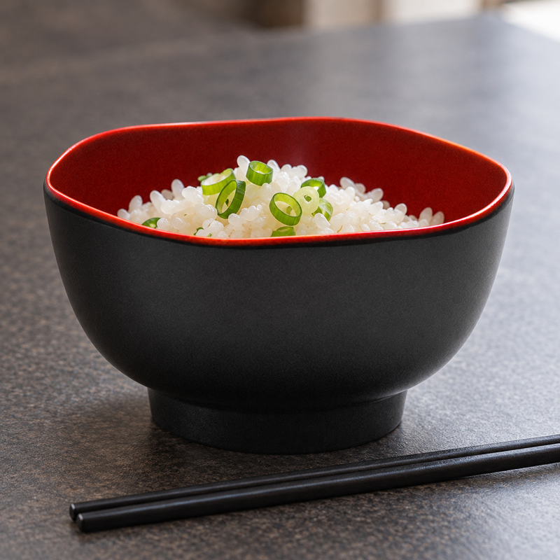 605D-BR black and red petal bowl holding white rice topped with sliced green scallions.