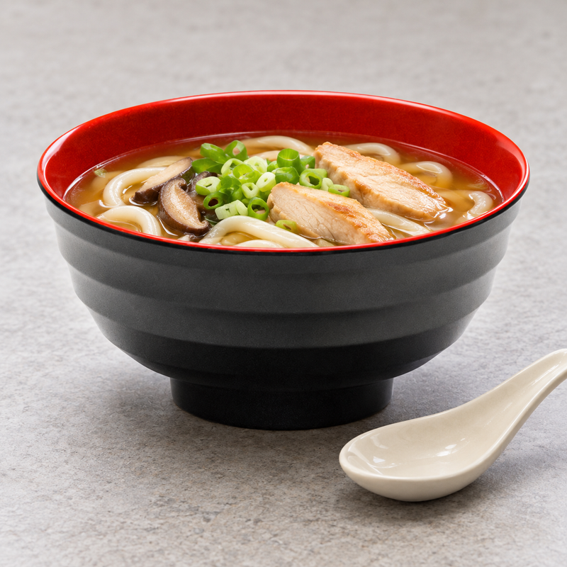 Black and red bowl of udon with chicken, mushrooms and scallions.