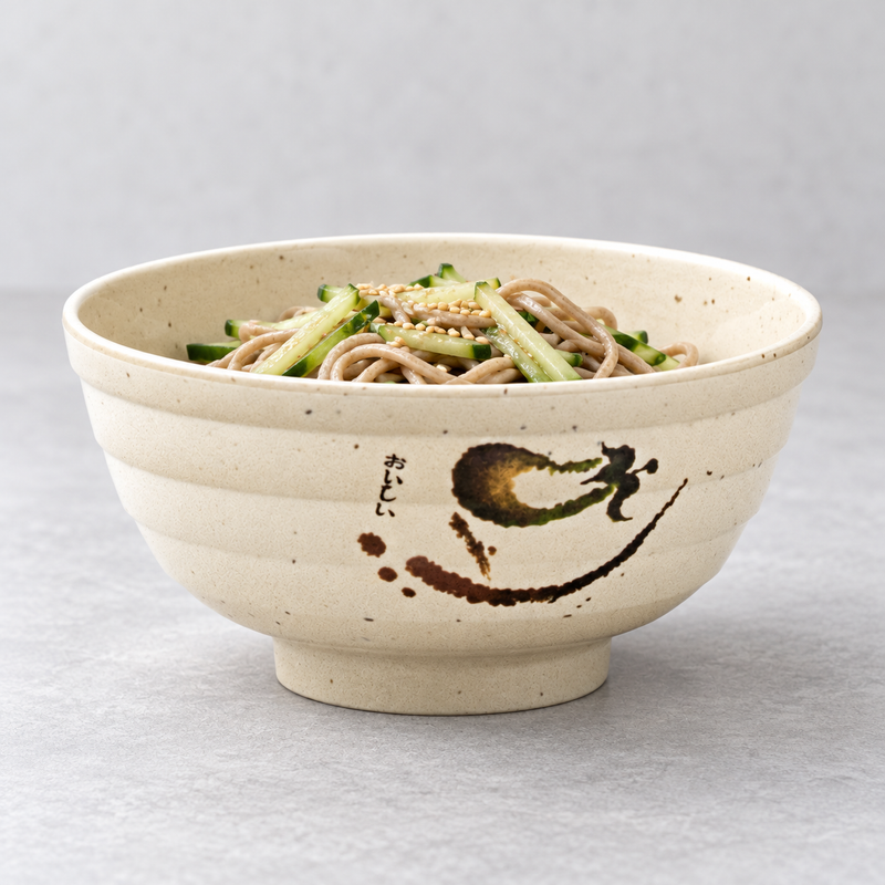 Stepped Eggplant bowl filled with soba noodles, cucumber and sesame seeds.