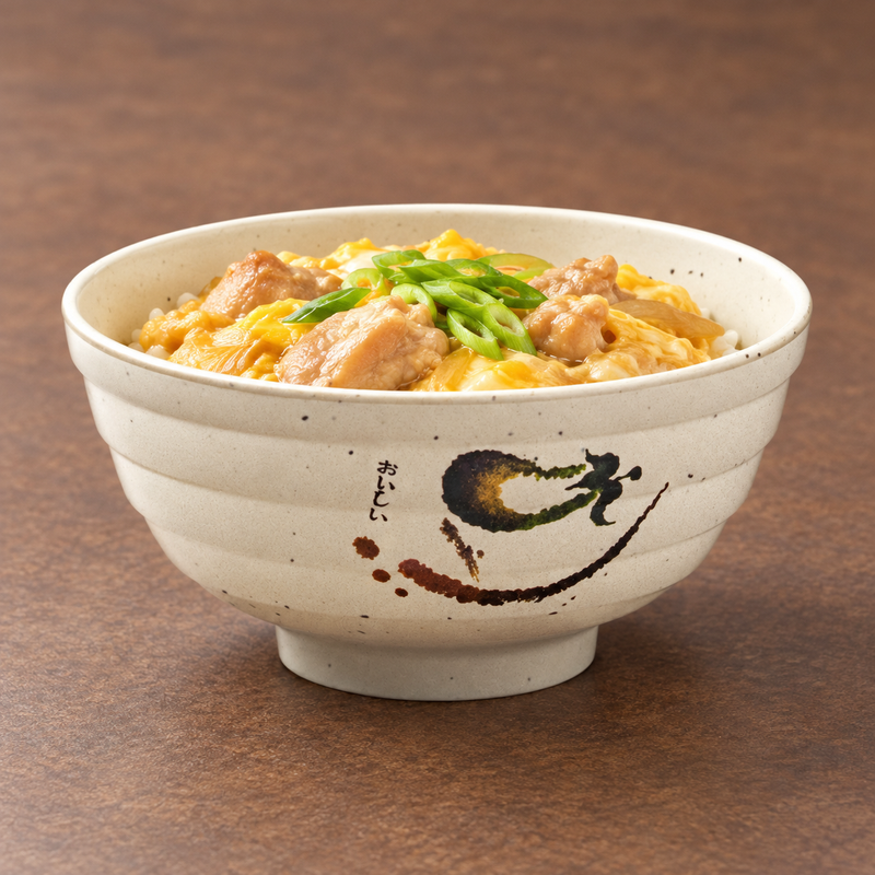 Eggplant-pattern bowl holding chicken and egg over rice with scallions.