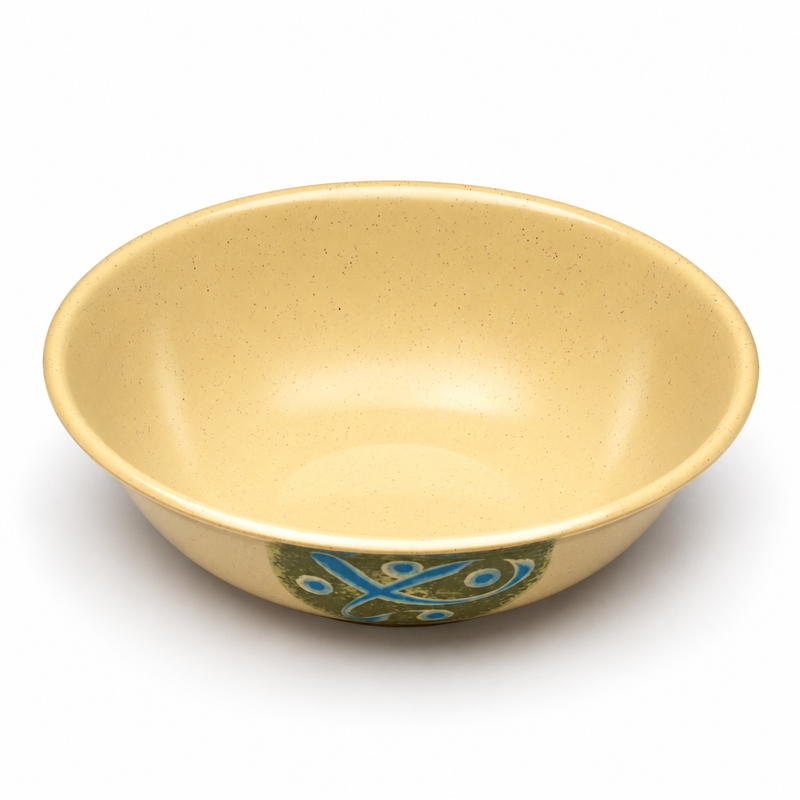 610-M round melamine bowl with a green exterior panel and blue motif