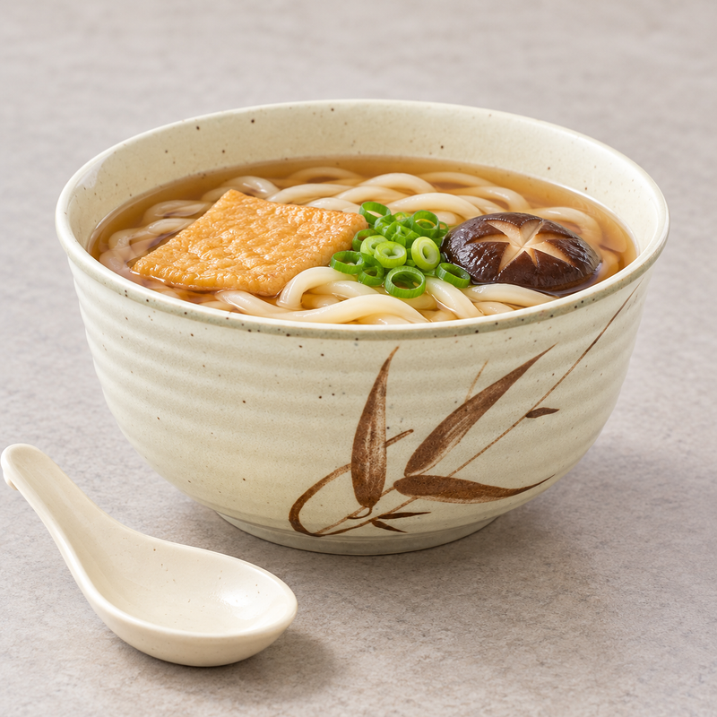 Autumn Grass udon bowl holding noodles, tofu, a mushroom and scallions in broth.