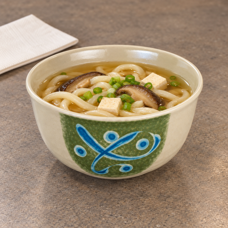 657A-M bowl filled with udon noodles, tofu, mushrooms and scallions, with a folded napkin beside it.