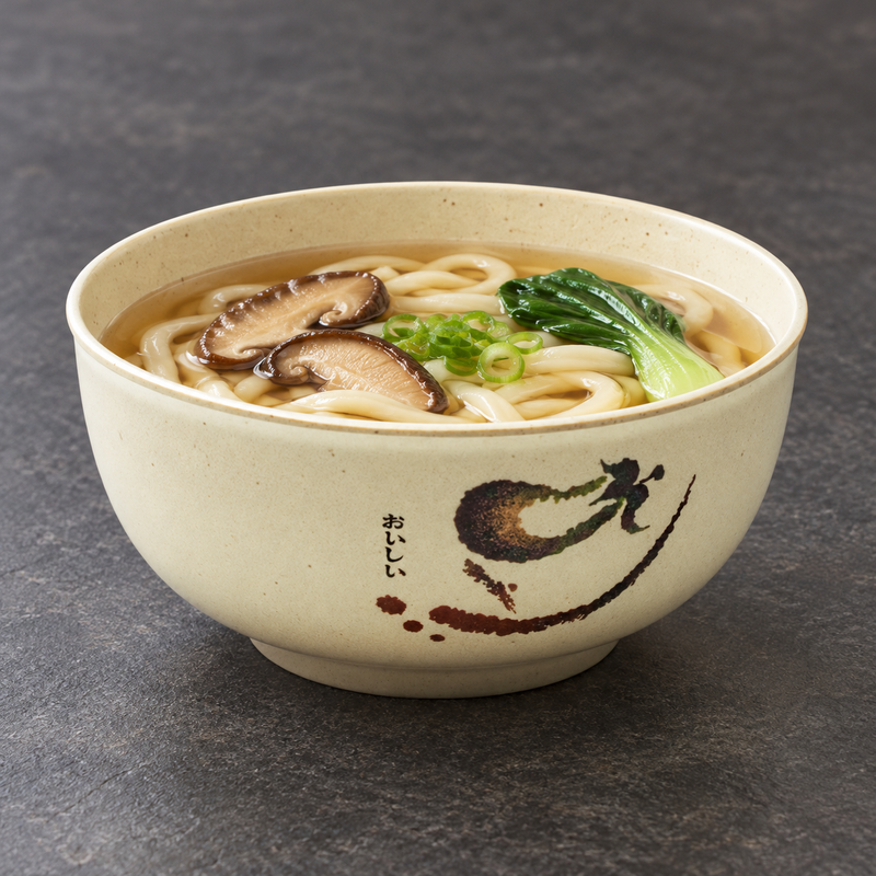 Eggplant-pattern udon bowl filled with noodles, mushrooms, greens and scallions.
