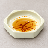 4" Melamine Hexagonal Sauce Dish 3oz, Gold Orchid. Serving suggestion.