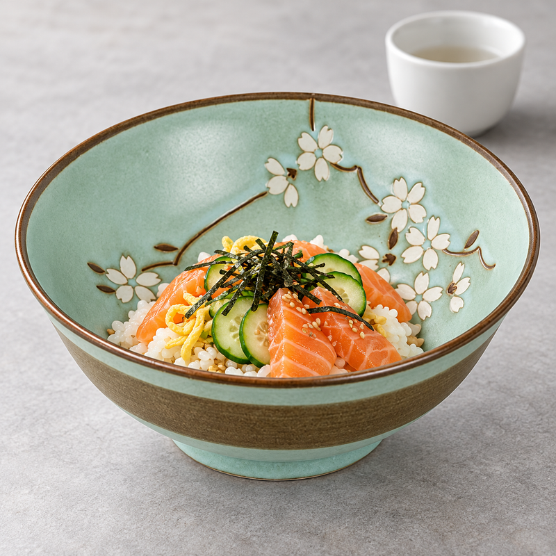 MT573-HS floral bowl with rice, salmon slices, cucumber, egg strips, seaweed and sesame, with a white cup behind.