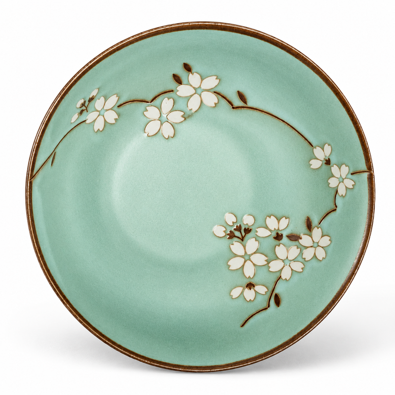 Overhead view of the MT573-HS blue-green bowl with white blossoms, brown branches and a brown rim.