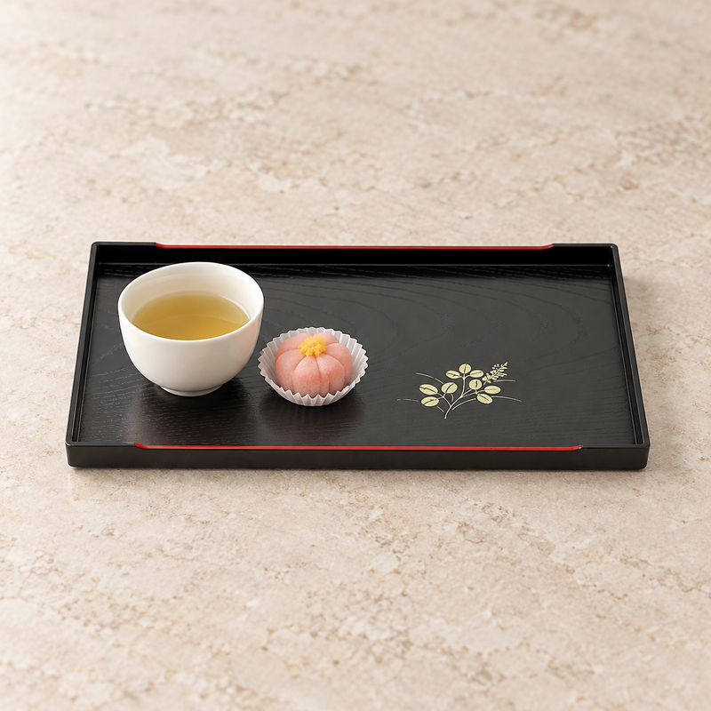 7B-006 floral lacquer tray with tea and a small sweet