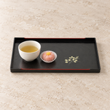 7B-006 floral rectangular lacquer tray with tea and a small sweet