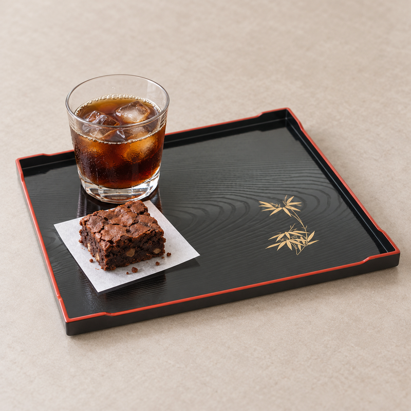 7B-015 bamboo-design lacquer tray with iced coffee and a brownie