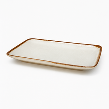 8.25" x 5.25" Rectangular Porcelain Platter, Beige. Angled product view.