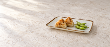 8.25" x 5.25" Rectangular Porcelain Platter, Beige. Serving suggestion.