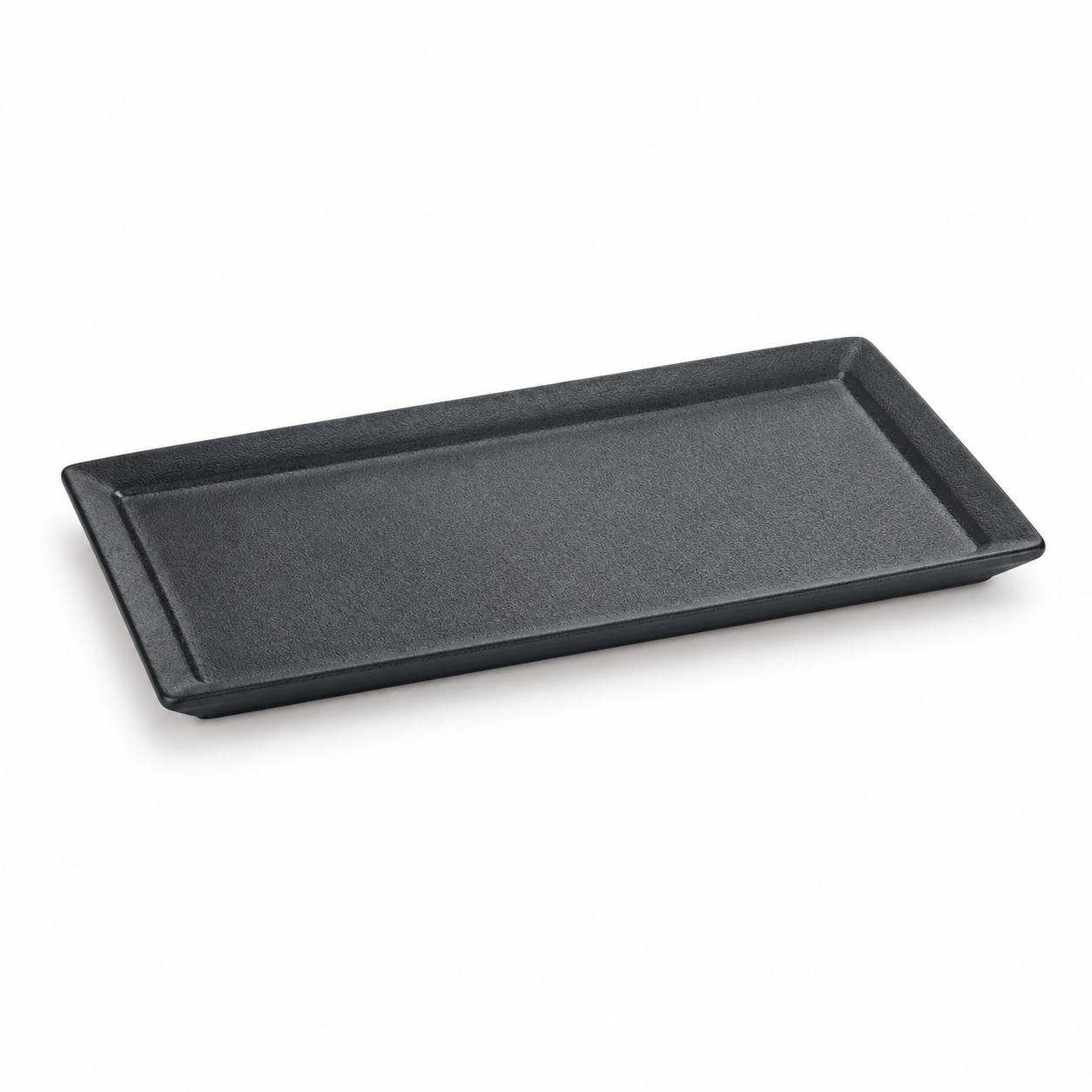 12 x 6’’ Black Rectangular Platter. Angled product view.