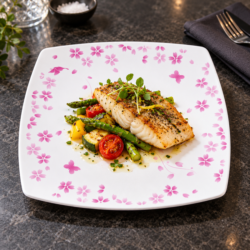 810A-CB Sakura square plate with fish and vegetables
