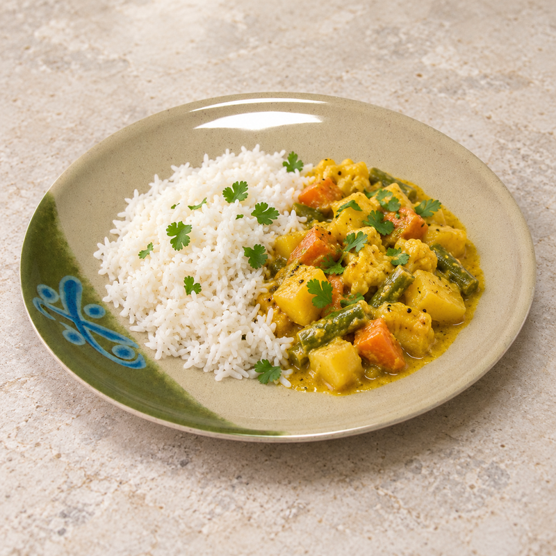 Rice and vegetable curry served on the 811A-M round plate