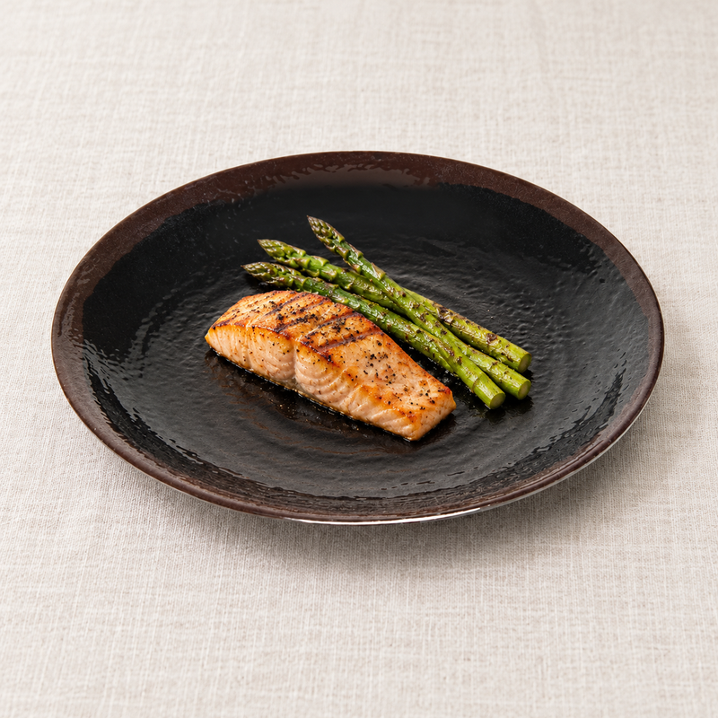 812M-YT black and brown spiral-texture melamine plate with salmon and asparagus