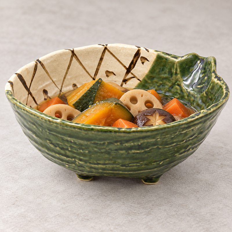 89487 green-and-beige bowl serving squash, lotus root, carrots and mushrooms