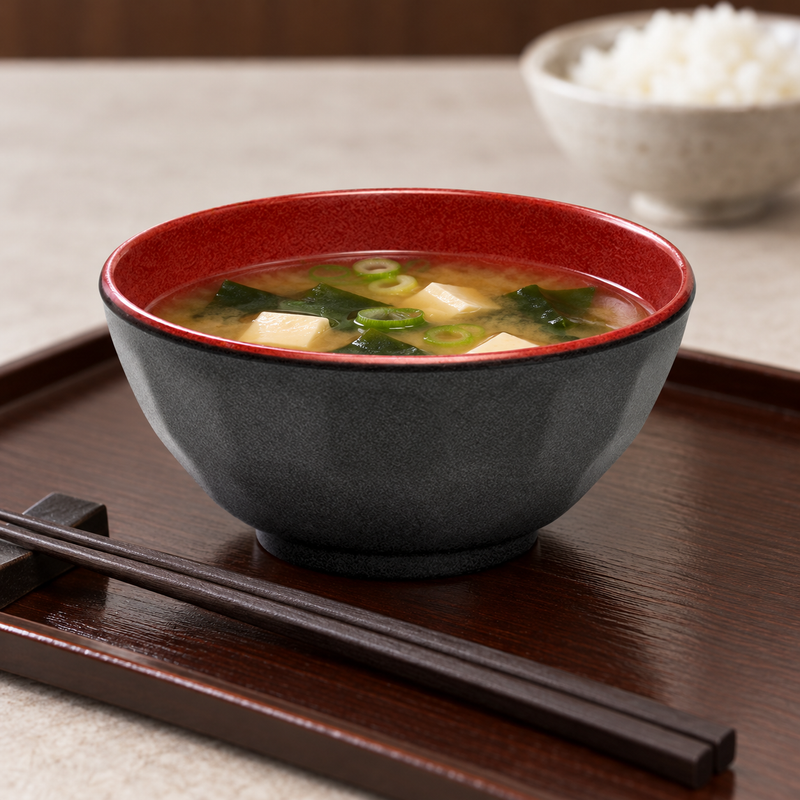 Black and red melamine bowl holding miso soup with tofu, wakame and scallions.