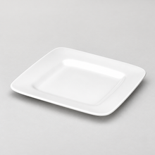 5" Square Plate, White Ceramic. Angled product view.