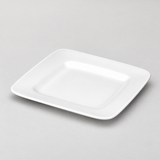 5" Square Plate, White Ceramic. Angled product view.