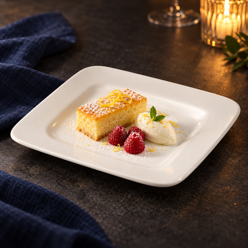 Lemon cake and raspberries on the A001-05 white square plate