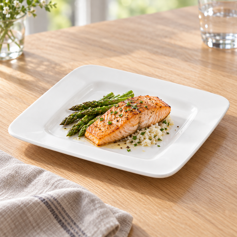 Salmon, asparagus and rice on the 10-inch A001-05 white square plate
