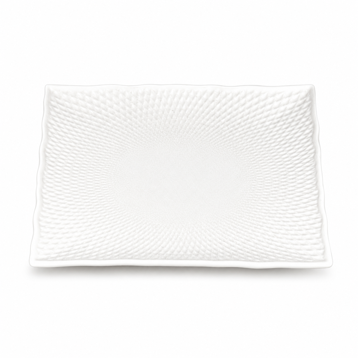 10" Square Plate, White Ceramic. Angled product view.