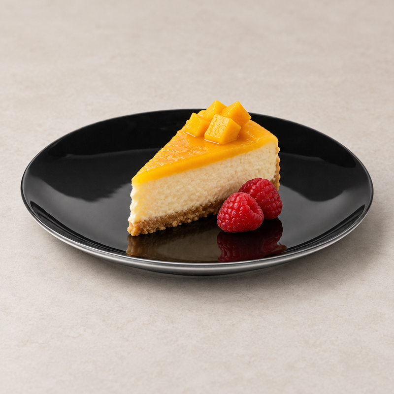 A0017-B black ceramic round plate with mango cheesecake and berries