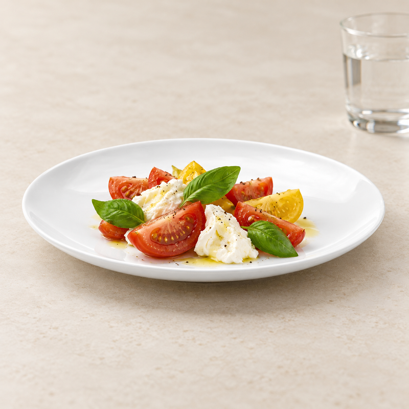 Tomatoes, burrata and basil on the A0020 white round ceramic plate.