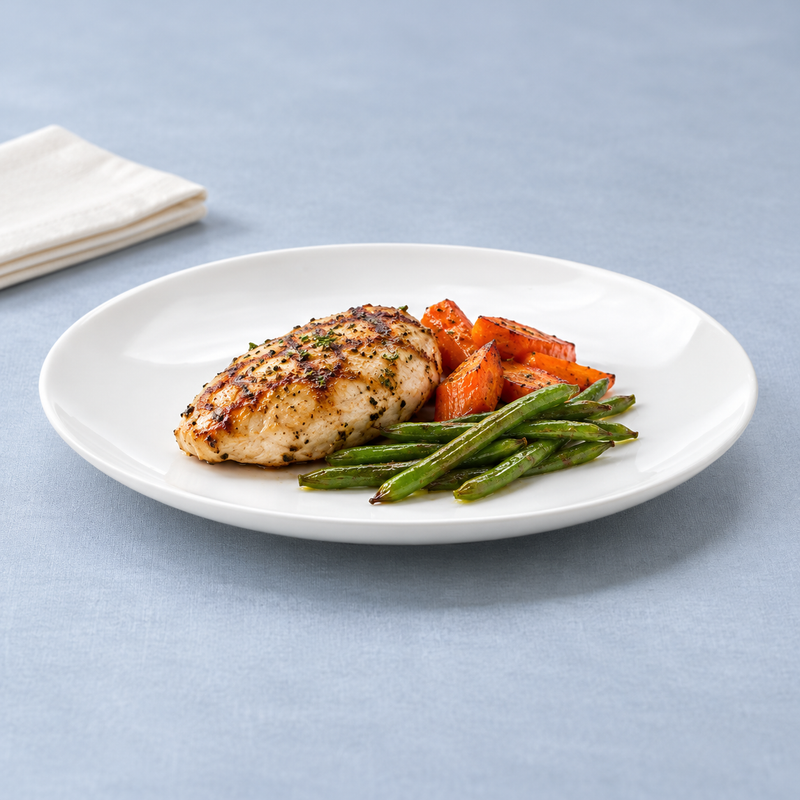 Chicken, green vegetables and a vegetable accompaniment arranged on the large white round plate as a serving suggestion.