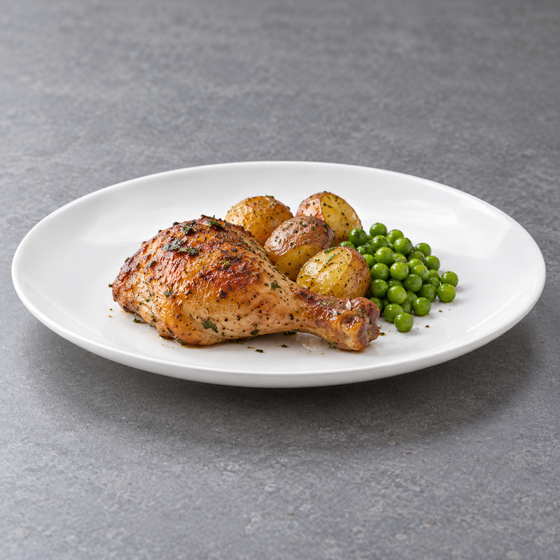 A0021 white round plate with roast chicken, potatoes and peas as a serving suggestion.