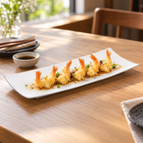 A006-63 long white textured ceramic platter serving tempura shrimp