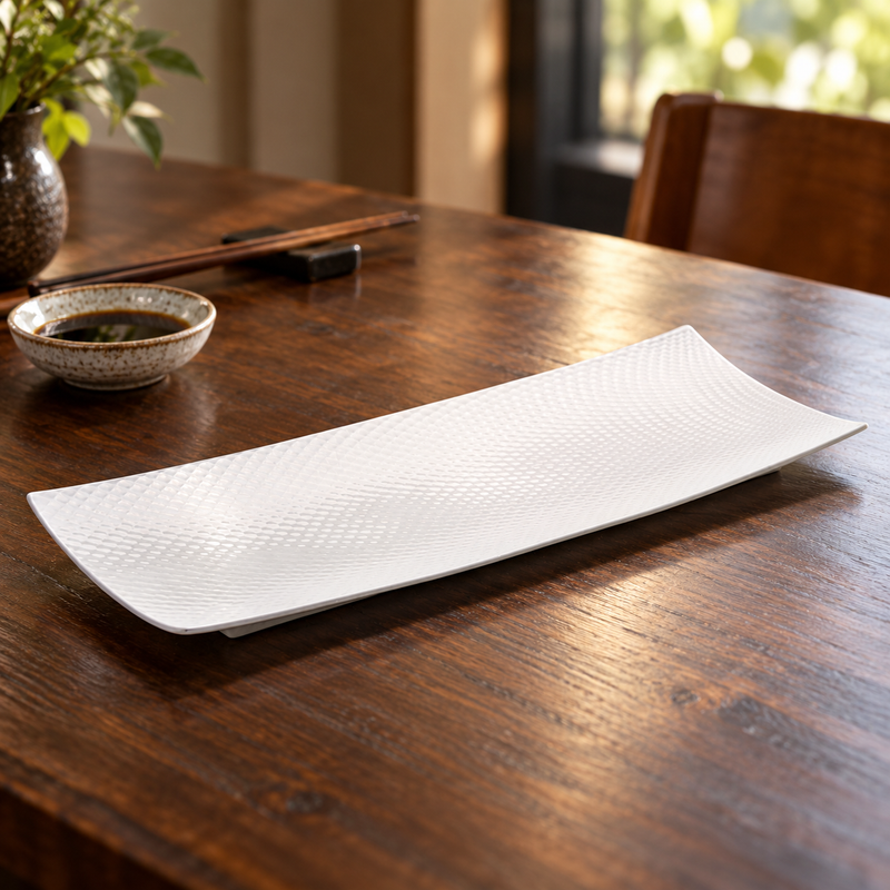 A006-63 elongated white ceramic platter displayed on a table