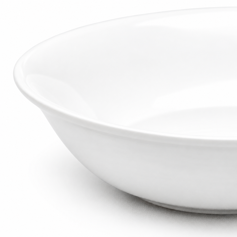 Close view of the A0081 white bowl showing its gently flared rim and curved outer wall.