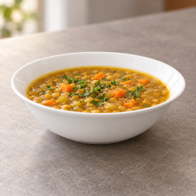 A0081 white ceramic bowl holding a vegetable soup with orange pieces and green herb garnish.