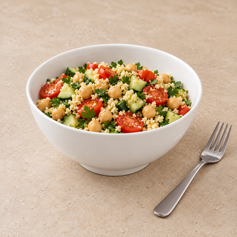 White footed serving bowl filled with a colorful grain, chickpea and vegetable salad beside a fork.