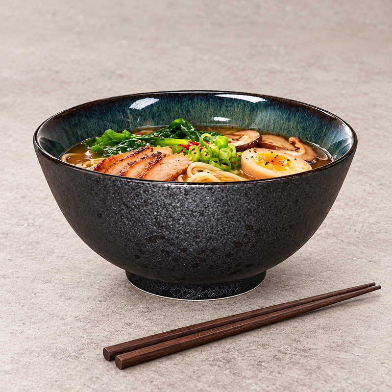 Large obsidian ceramic bowl with noodles, egg halves, mushrooms, greens and sliced protein, beside chopsticks.