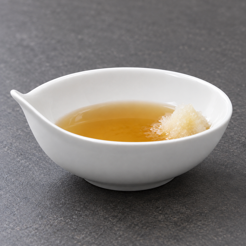 A0117 white pointed-rim sauce bowl containing a pale dipping sauce and a light-colored garnish as a serving suggestion.