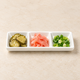3-Compartment Sauce Plate 6"x2-1/2", White Ceramic. Alternative serving suggestion.