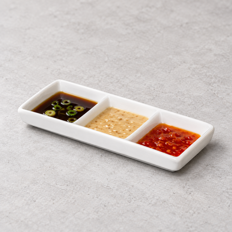 Serving suggestion with dark, pale and red sauces in the three wells of the A0226 white ceramic sauce plate.