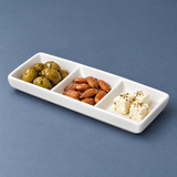 3-Compartment Sauce Plate 8"x3-1/2", White Ceramic. Small-bites serving suggestion.