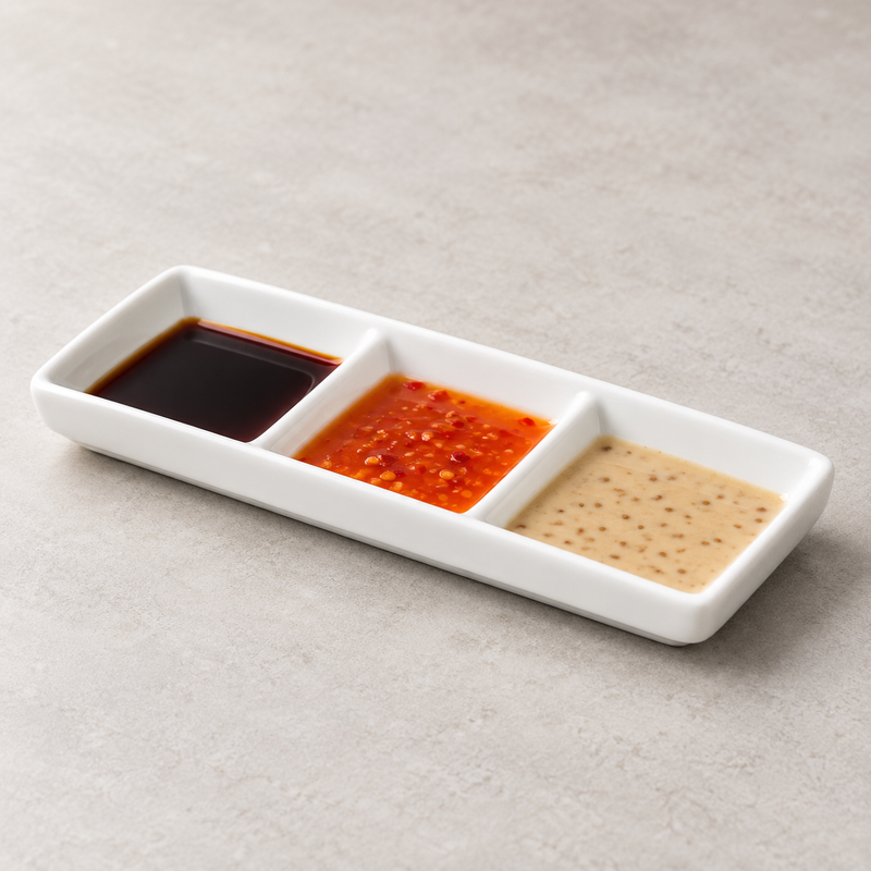 Serving suggestion with dark, pale and red sauces in the three wells of the A0227 white ceramic sauce plate.