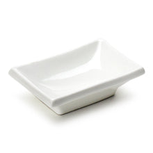 3-7/8"x2-3/8" Rectangular Sauce Dish, White Ceramic. Angled product view.